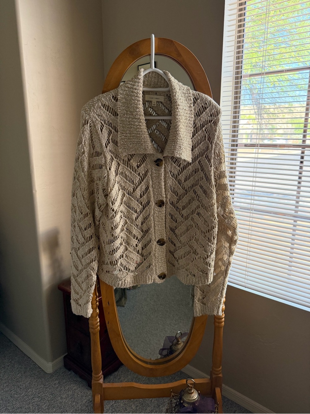 Cleo + Wolf Beige Open-Weave Button-Front Cardigan Sweater